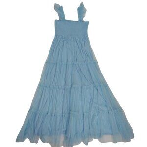 Trixxi Blue Maxi Dress, Ruffled Straps, Smocked Bodice, Size L, Polyester Mesh.
